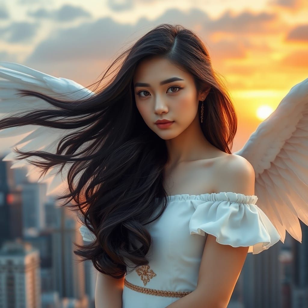 Winged Angel in Urban Sunset, Detailed 8K