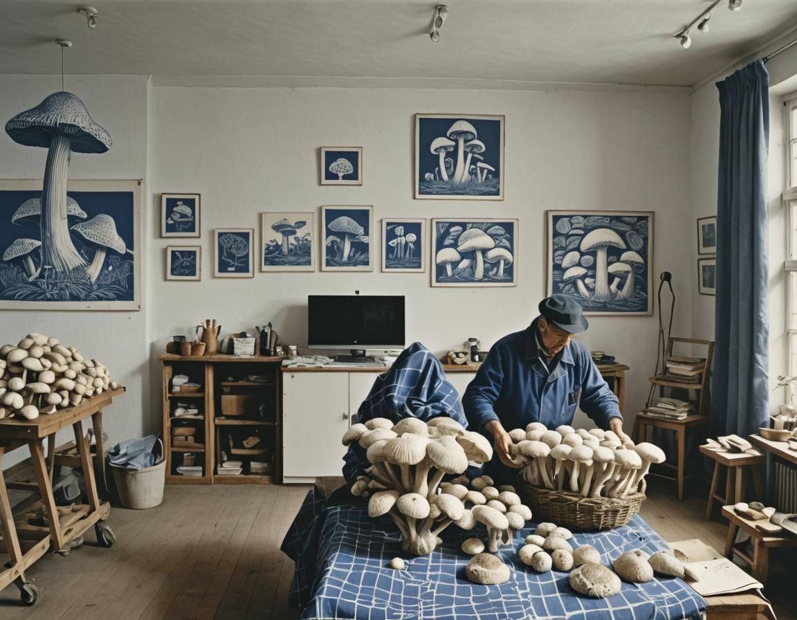 Mushroom Cultivation: Blue and White Linocut Scene