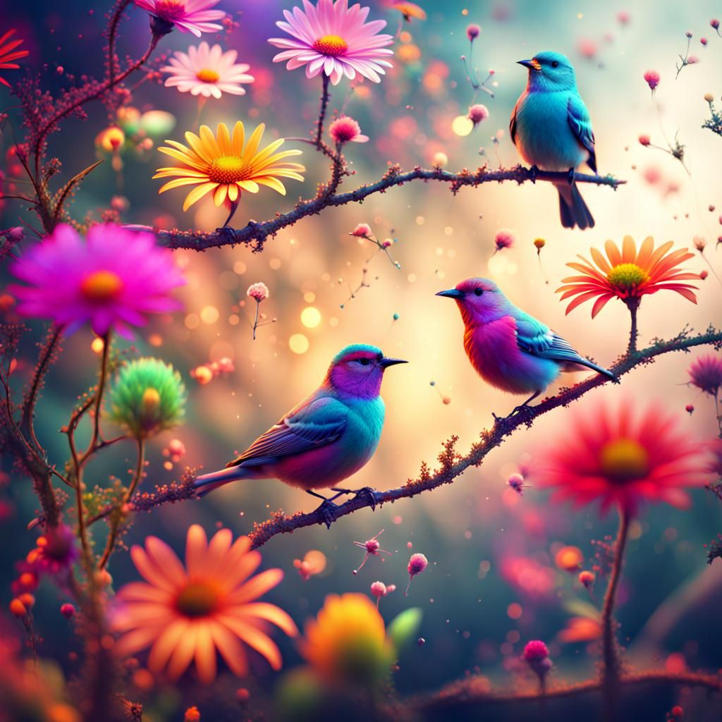 Abstract Garden Birds in Colorful Light