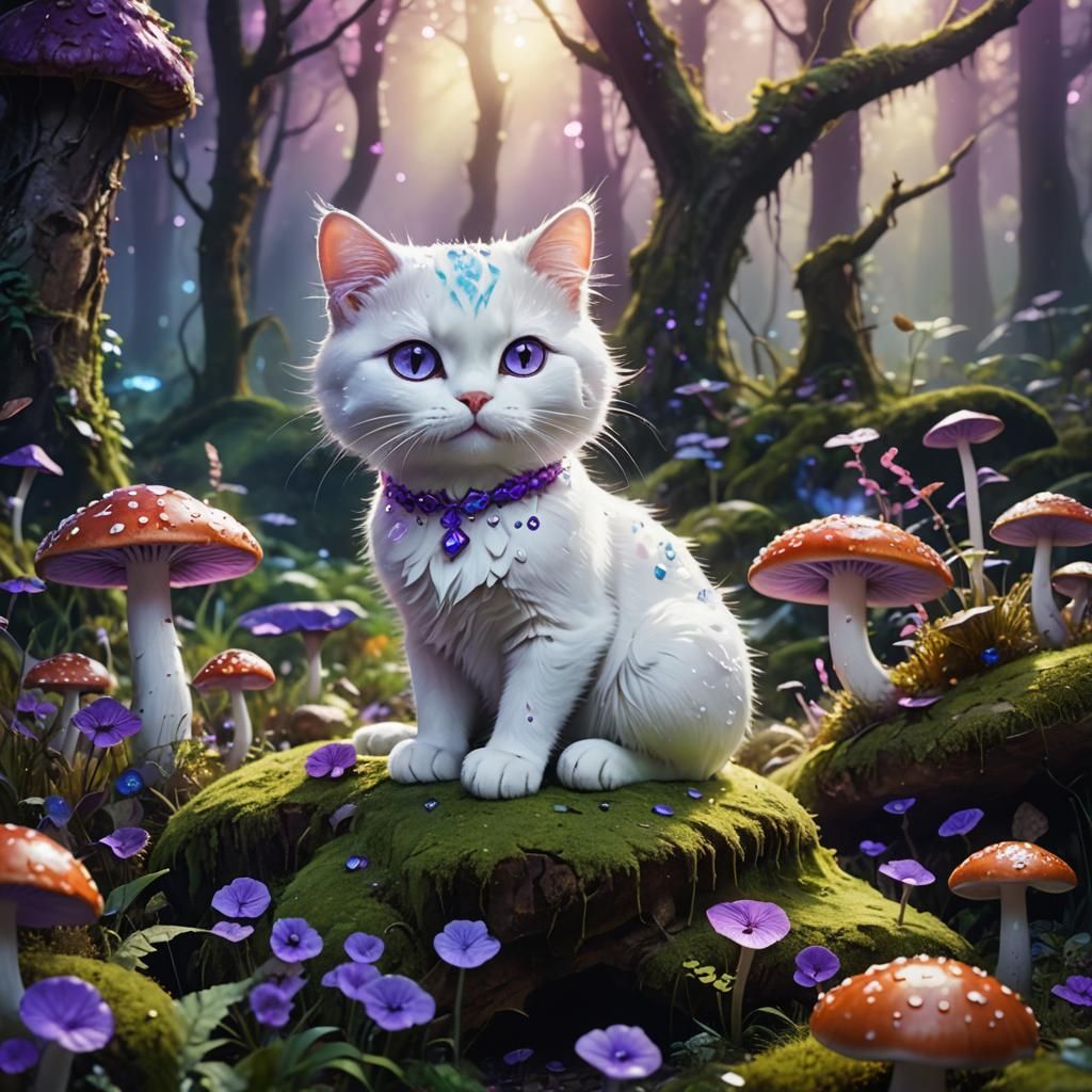 Purple Cartoon Cat on Magical Mushroom