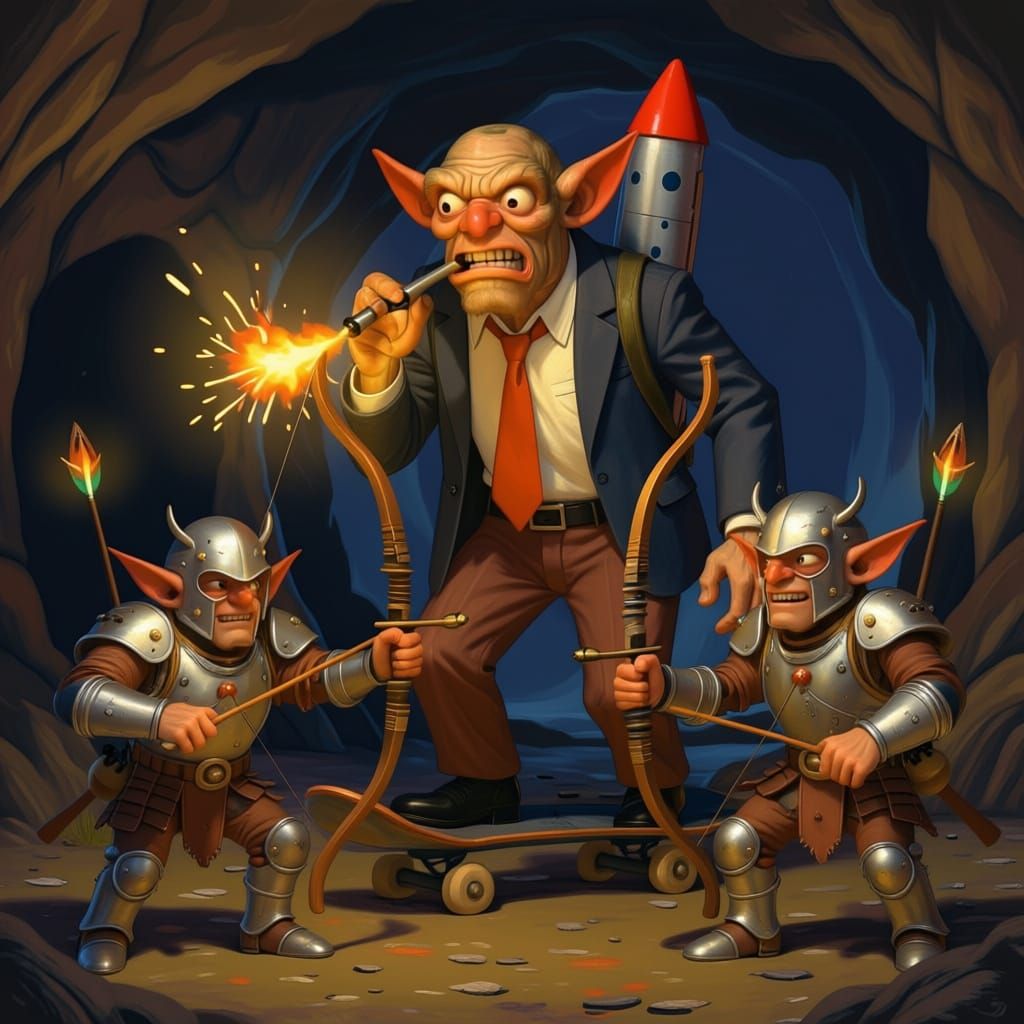 Goblins Aiming Magical Weapons in Junk Armor