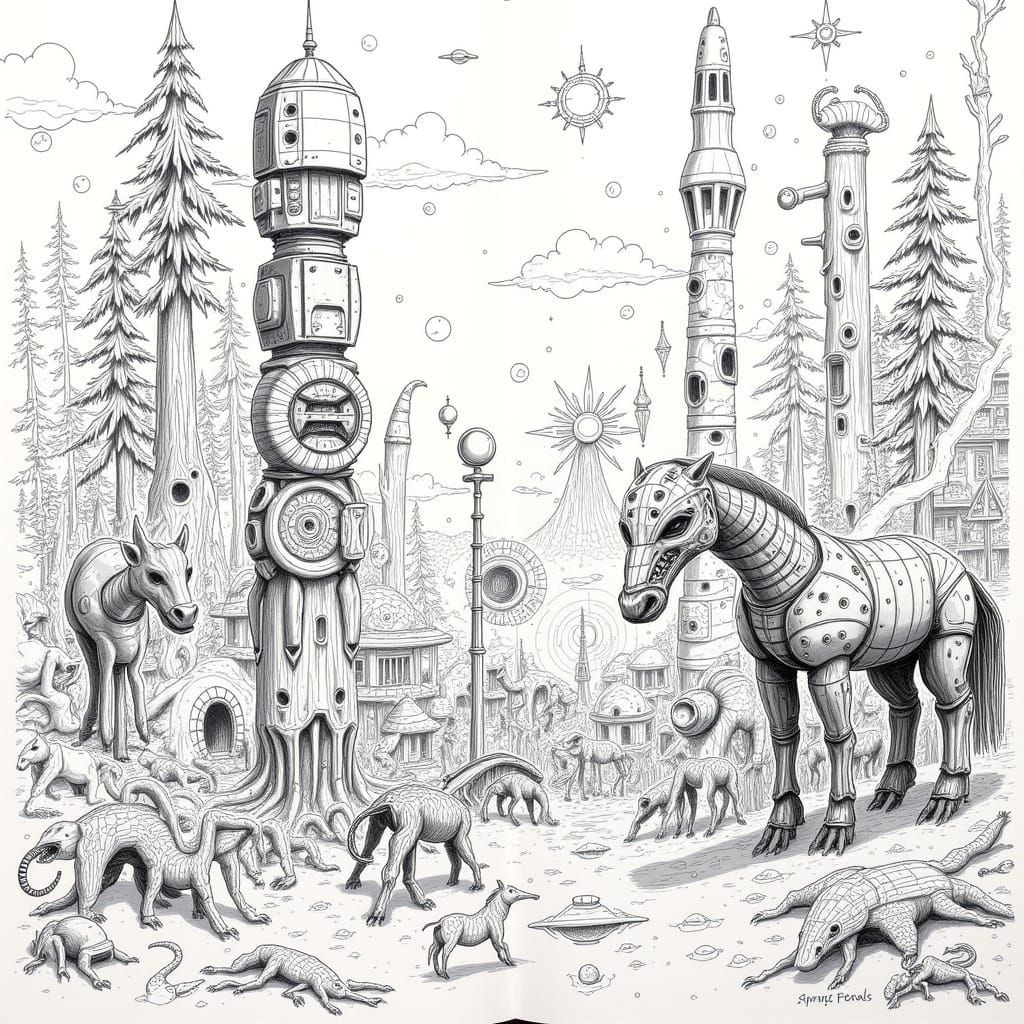 Futuristic Pacific Northwest Settlement with Robotic Animals