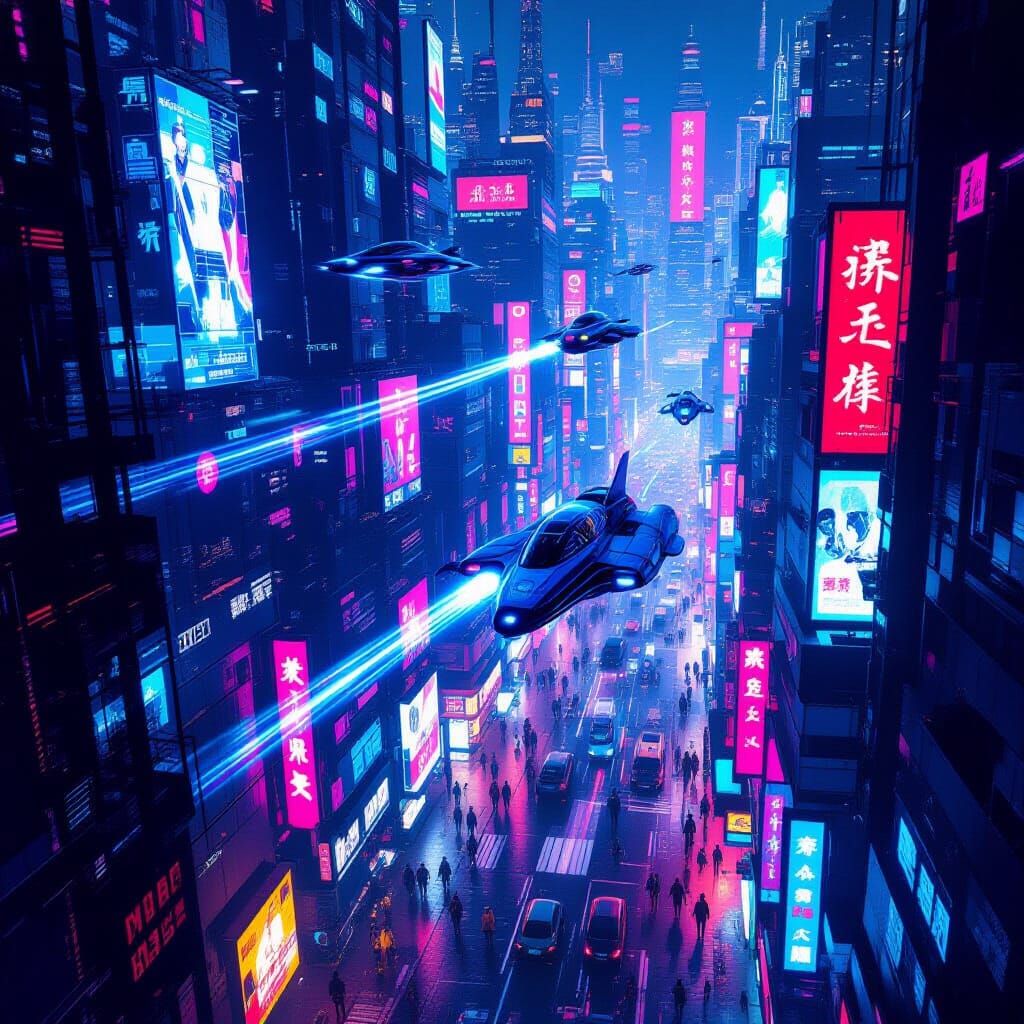 Cyberpunk Cityscape with Flying Cars & Neon Lights