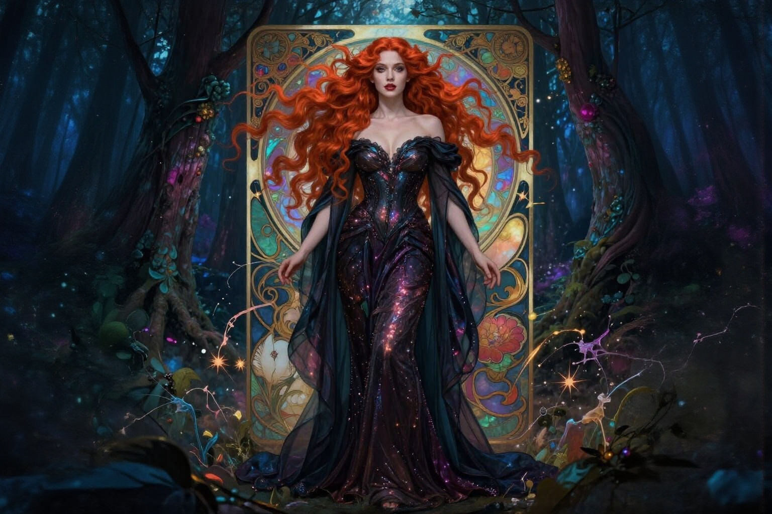 Red-Haired Sorceress in Mystical Forest