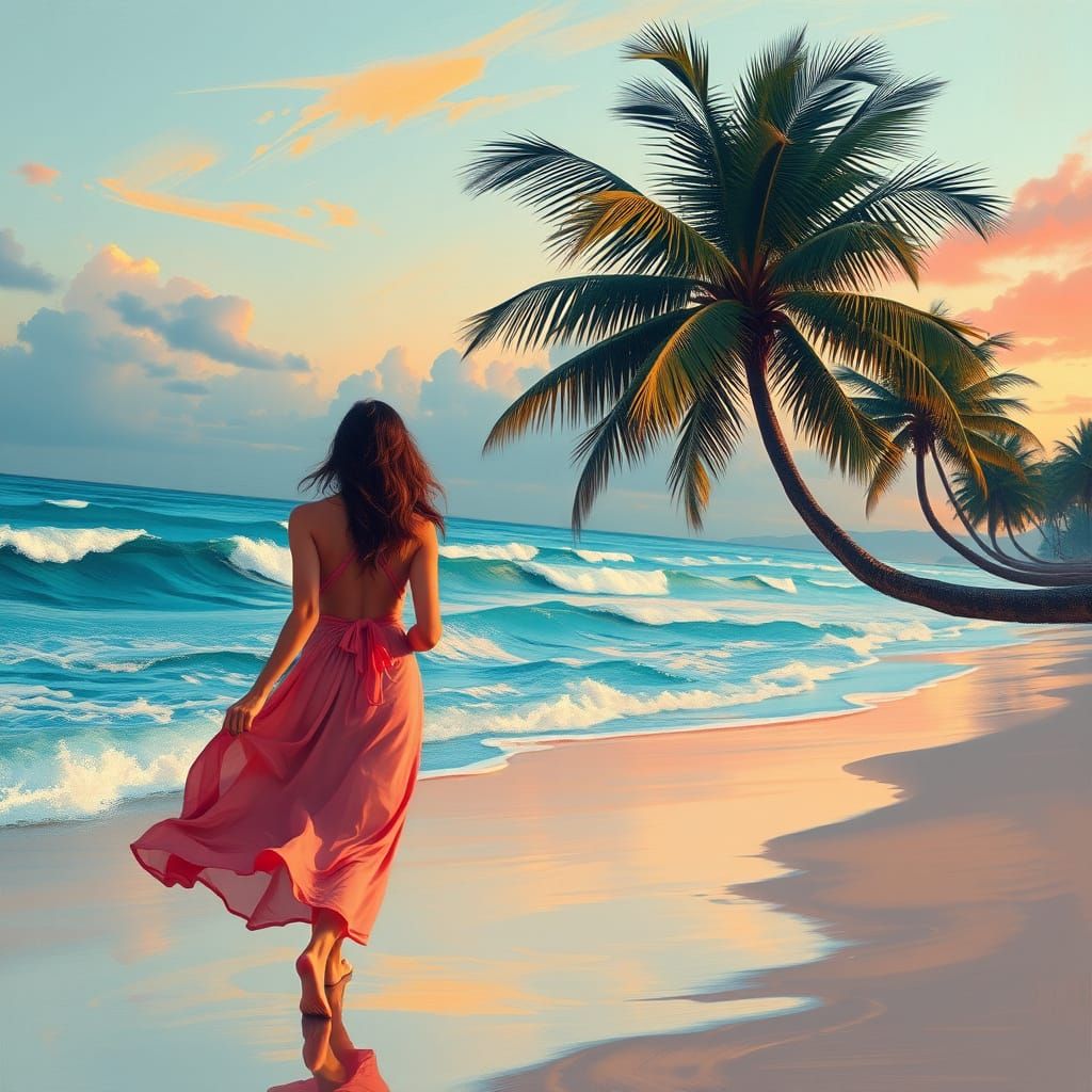 Tropical Beach Sunset with Oil Strokes and Coral Sky