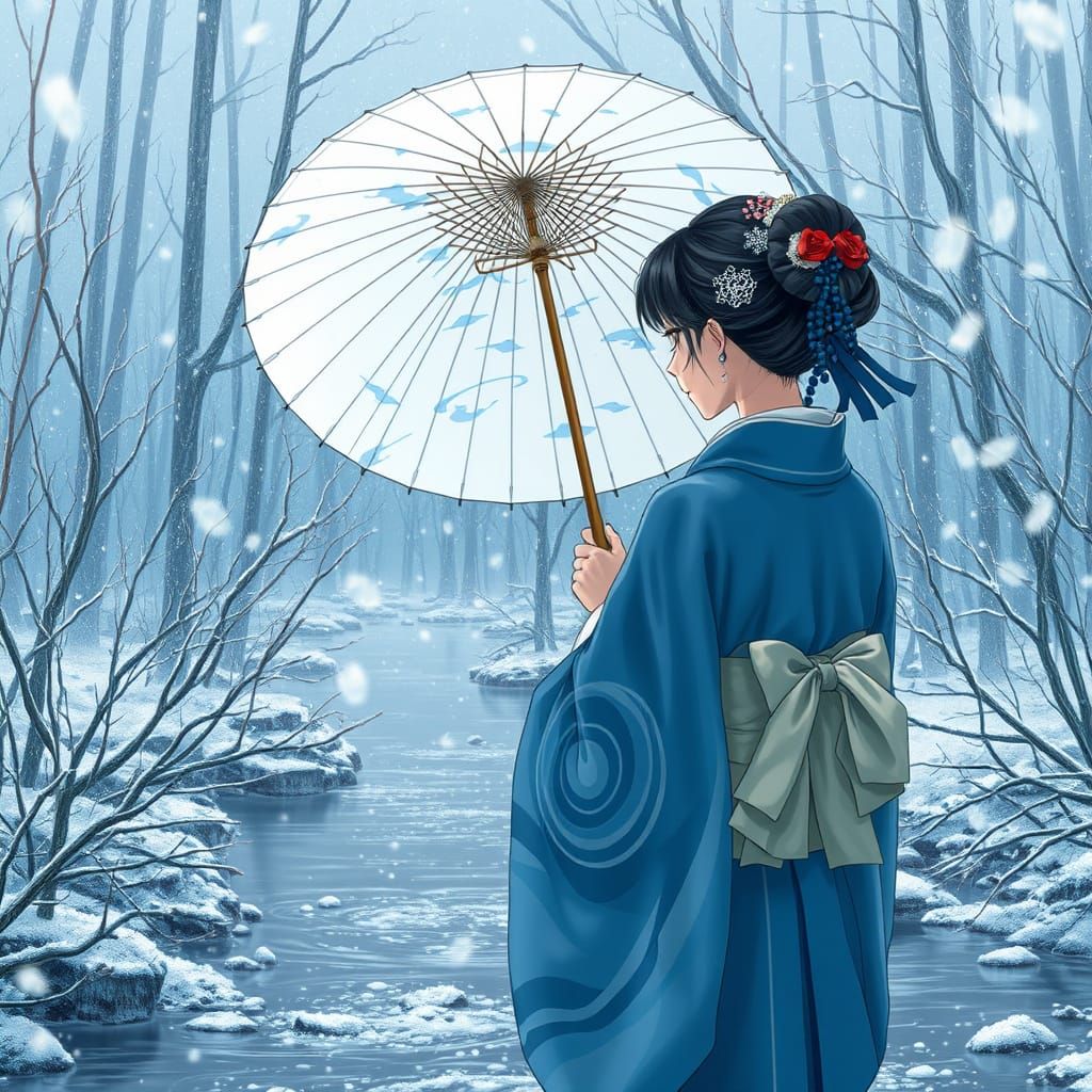 Japanese Woman in Kimono with Umbrella