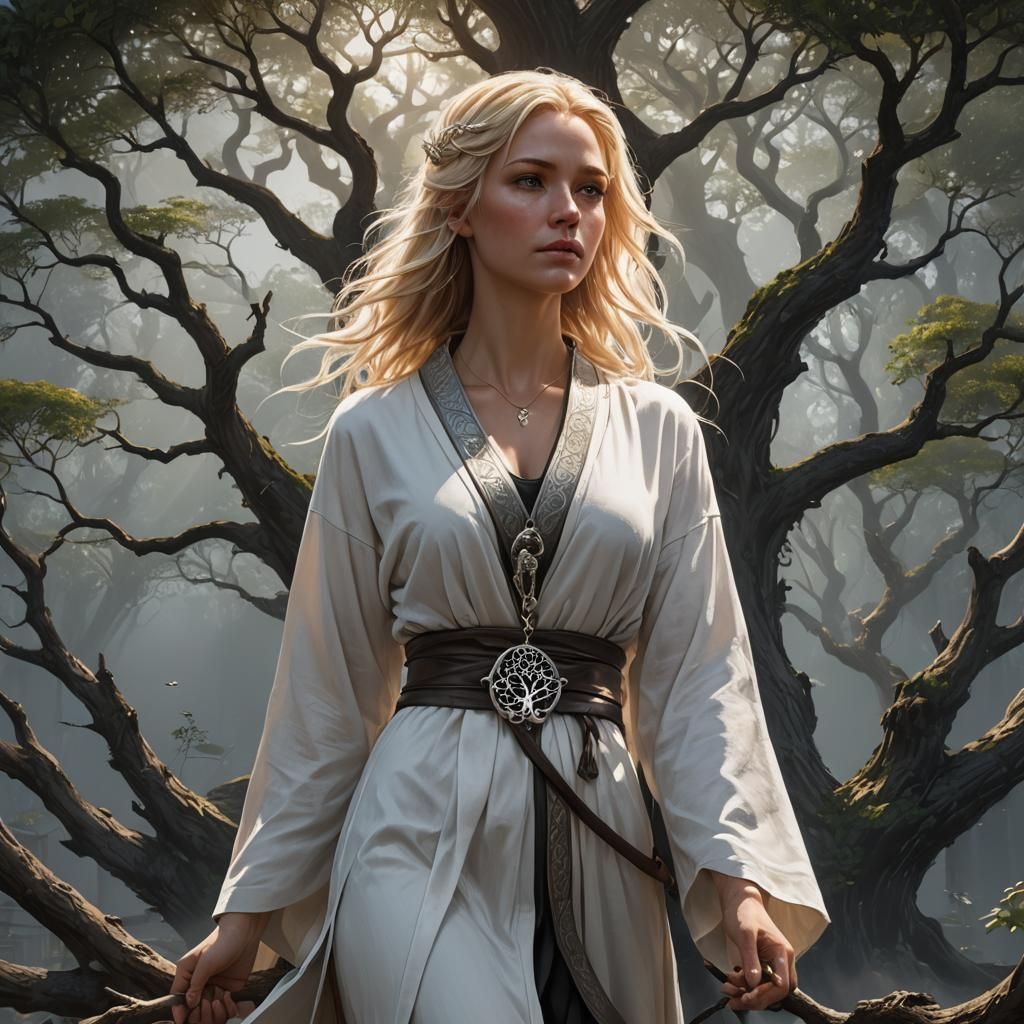 Elegant Temple Servant with Tree of Life, Detailed Fantasy A...