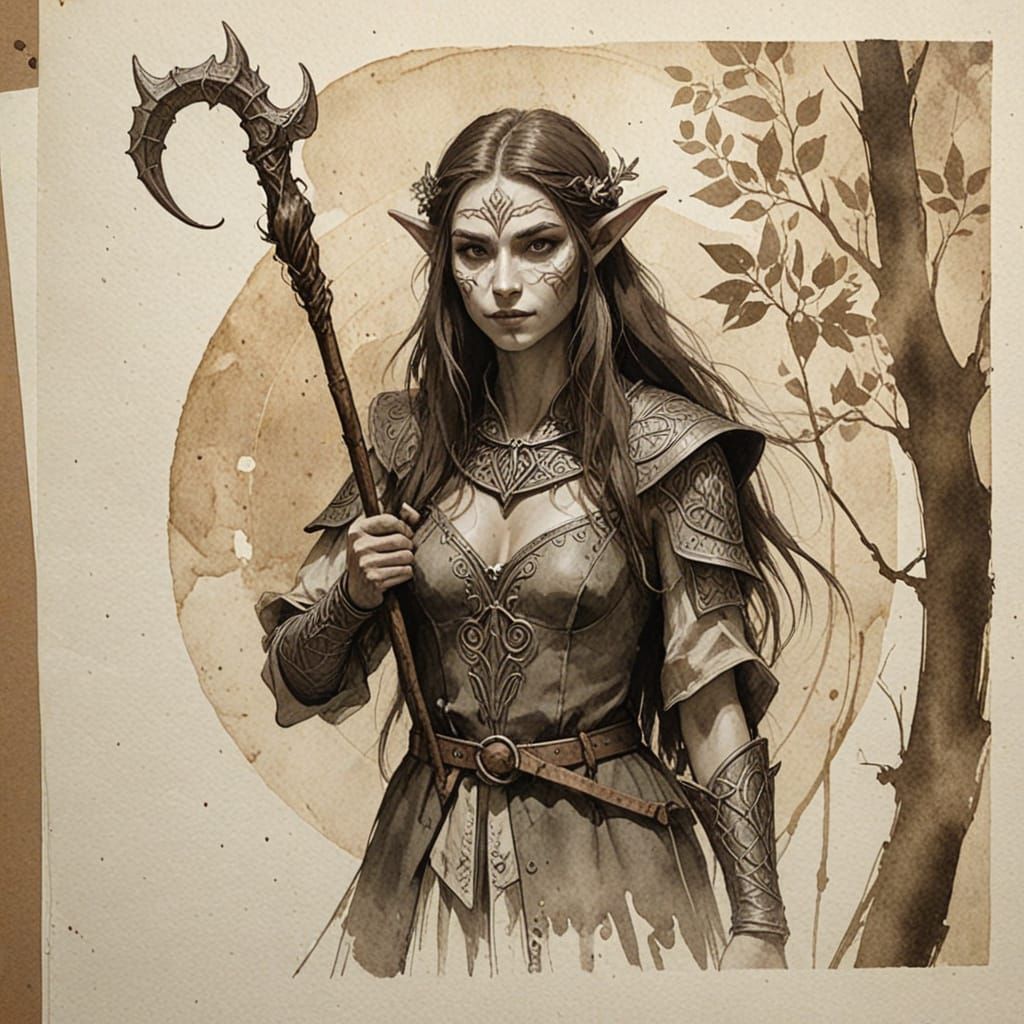 Ethereal Woodland Elf Druid Sketch in Sepia