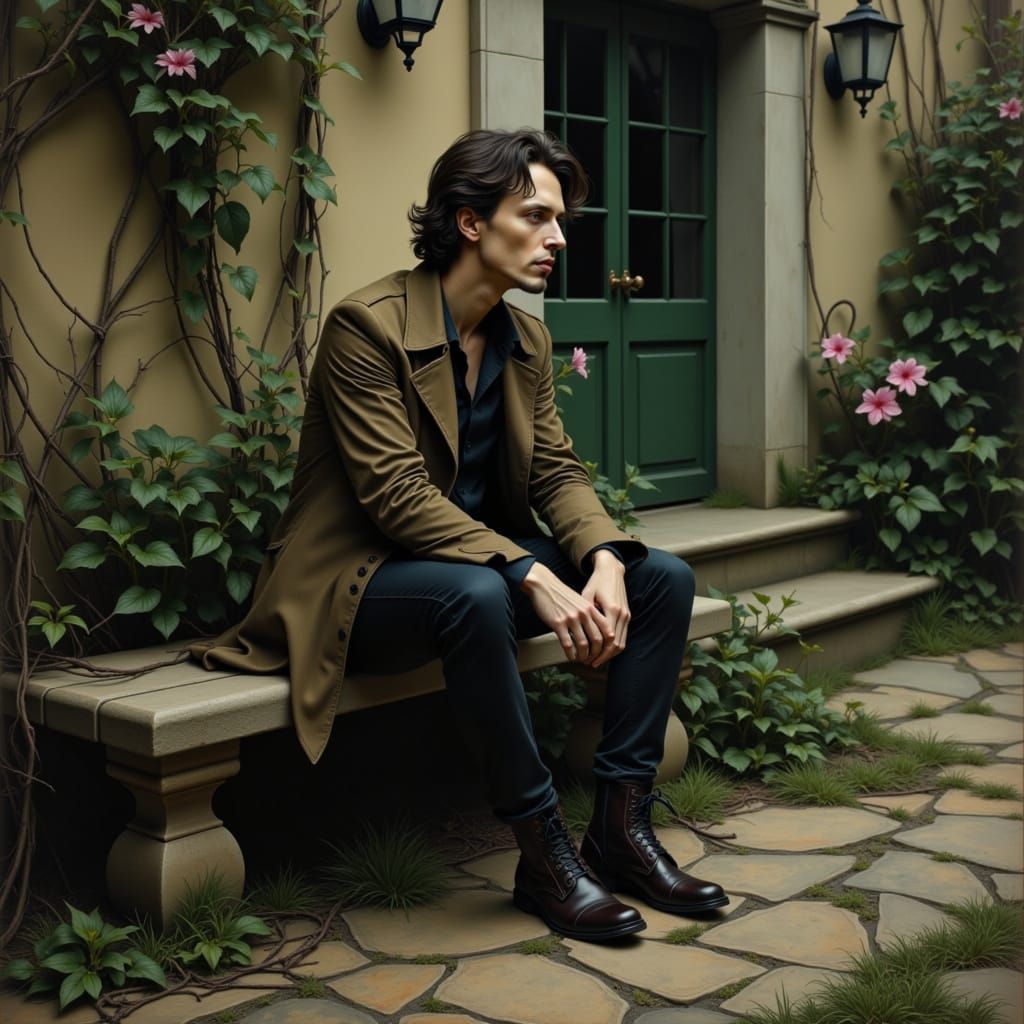 Introspective Figure Lost in Thought Amidst Overgrown Garden...