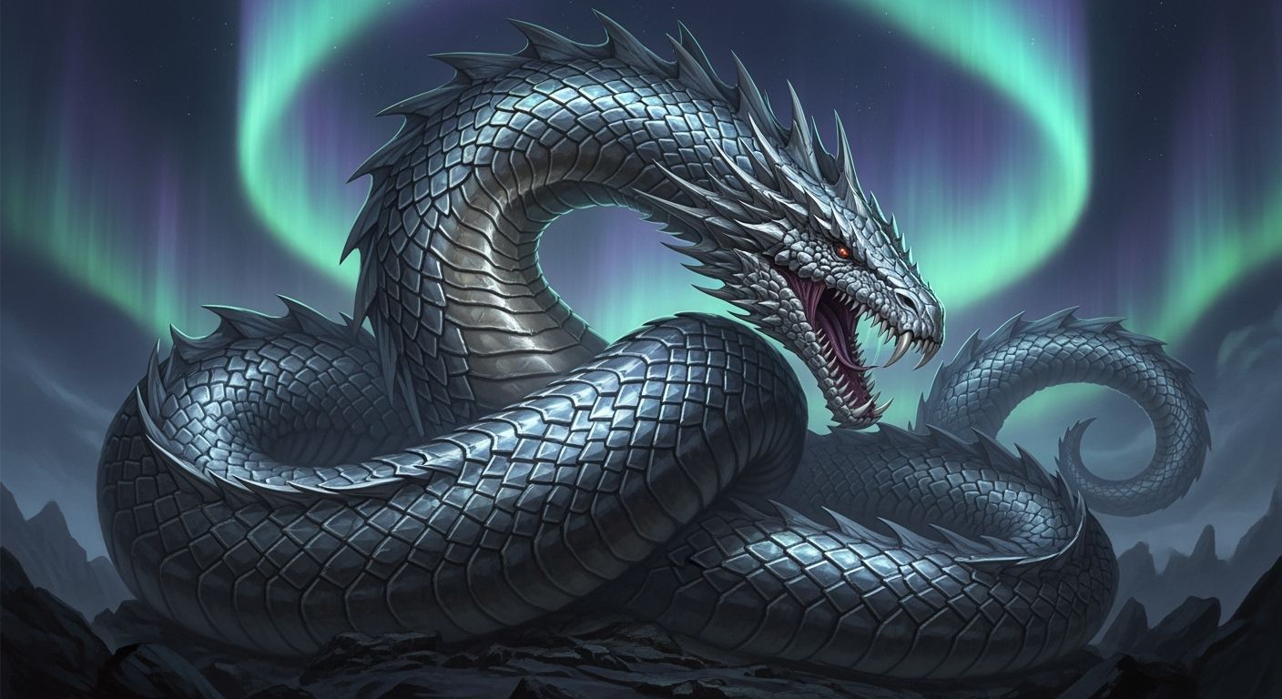 Jormungandr Serpent Coiled Under Celestial Aurora