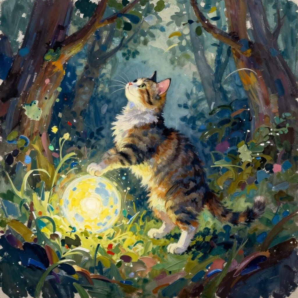 Cat Arches Back in Fantasy Forest with Glowing Orb - Gouache