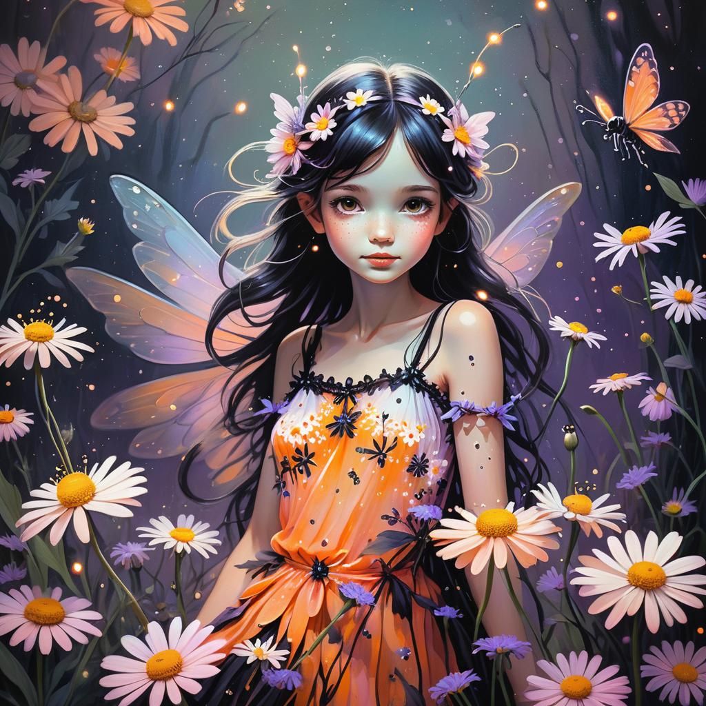 Fairy with Marguerite Flowers in Pastel Abrasion Style