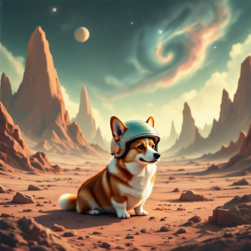 Corgi in Retro Helmet on Alien World