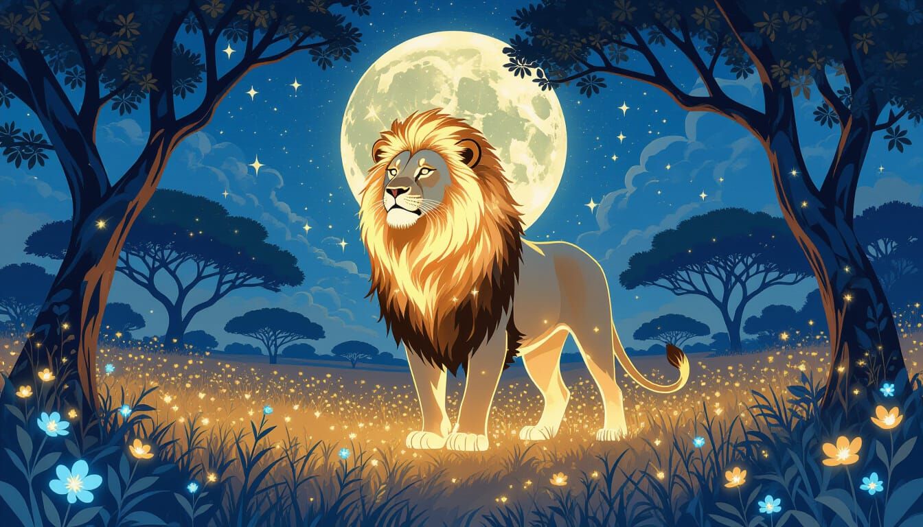 Mystical Starlight Lion in Moonlit Savanna