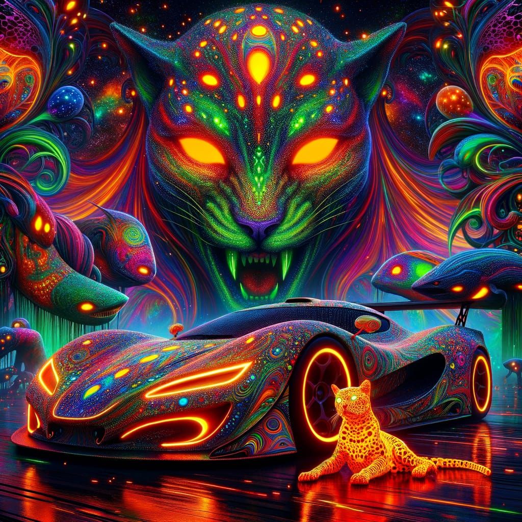 Psychedelic Supercar and Feline Rave in Tropical Forest