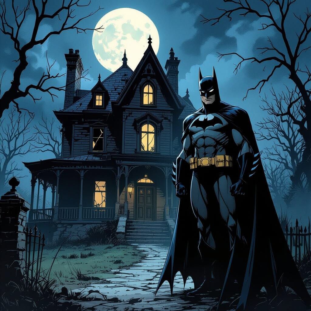 Brooding Batman Before Gothic Mansion in Comic Style