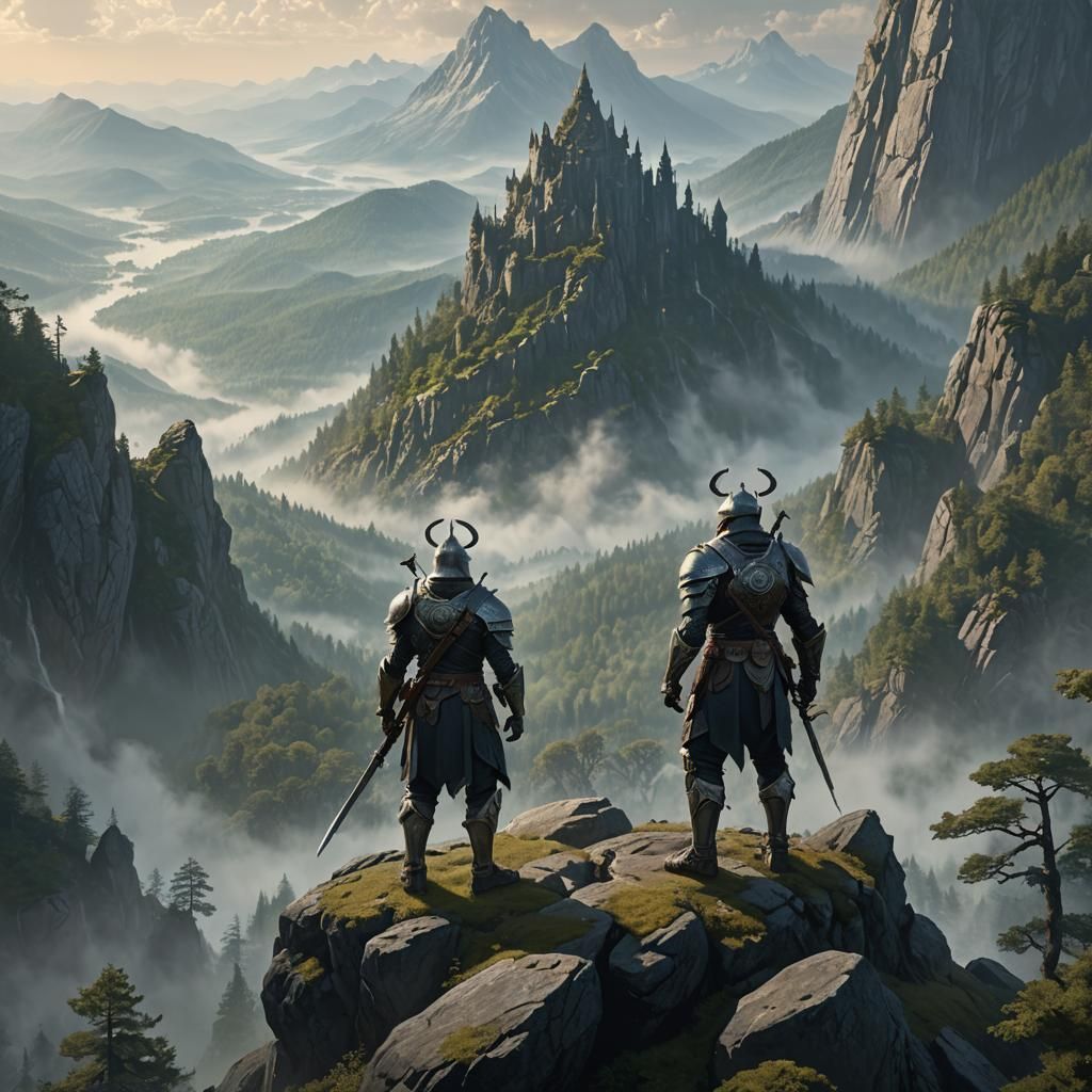 Armored Warrior Overlooks Mystical Forest, Fantasy Concept A...