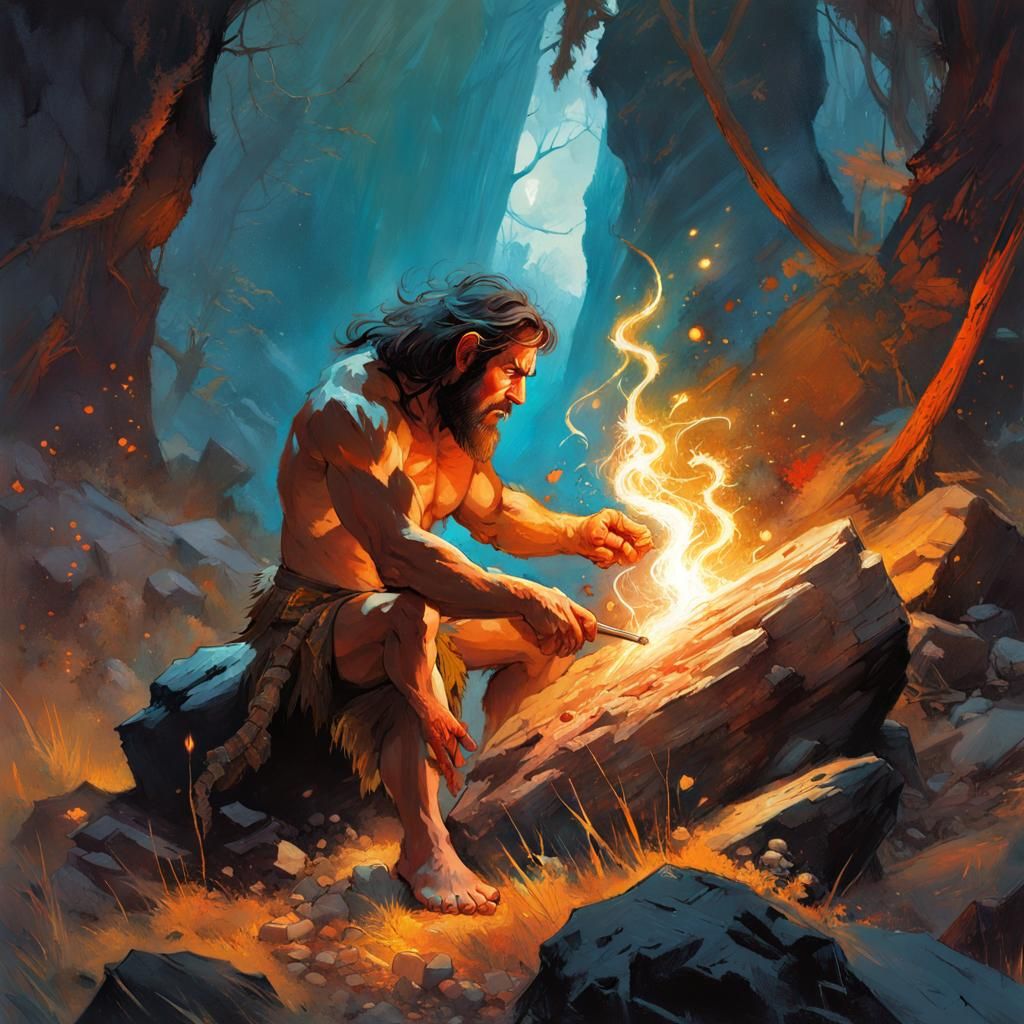 Caveman Sparks Fire in the Dark: Digital Art