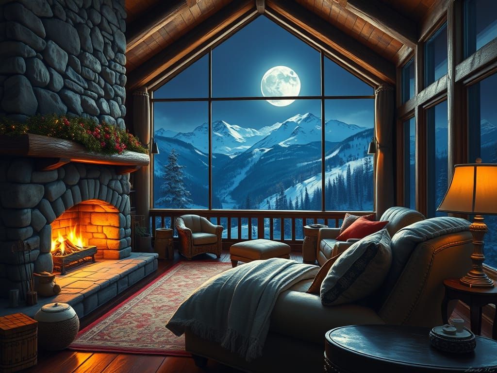 Cozy Ski Lodge Interior Painting with Fireplace Glow