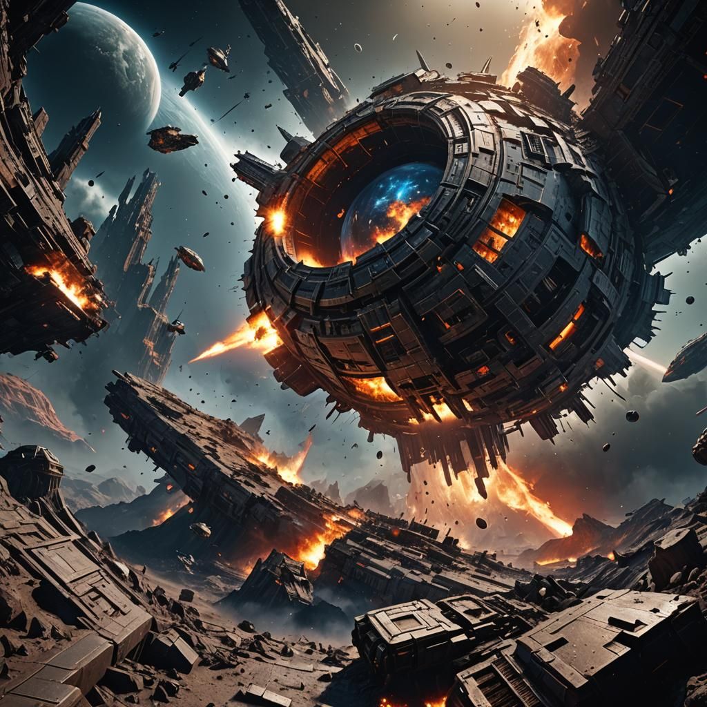 Destroyed Planet with Spaceship: Matte Painting
