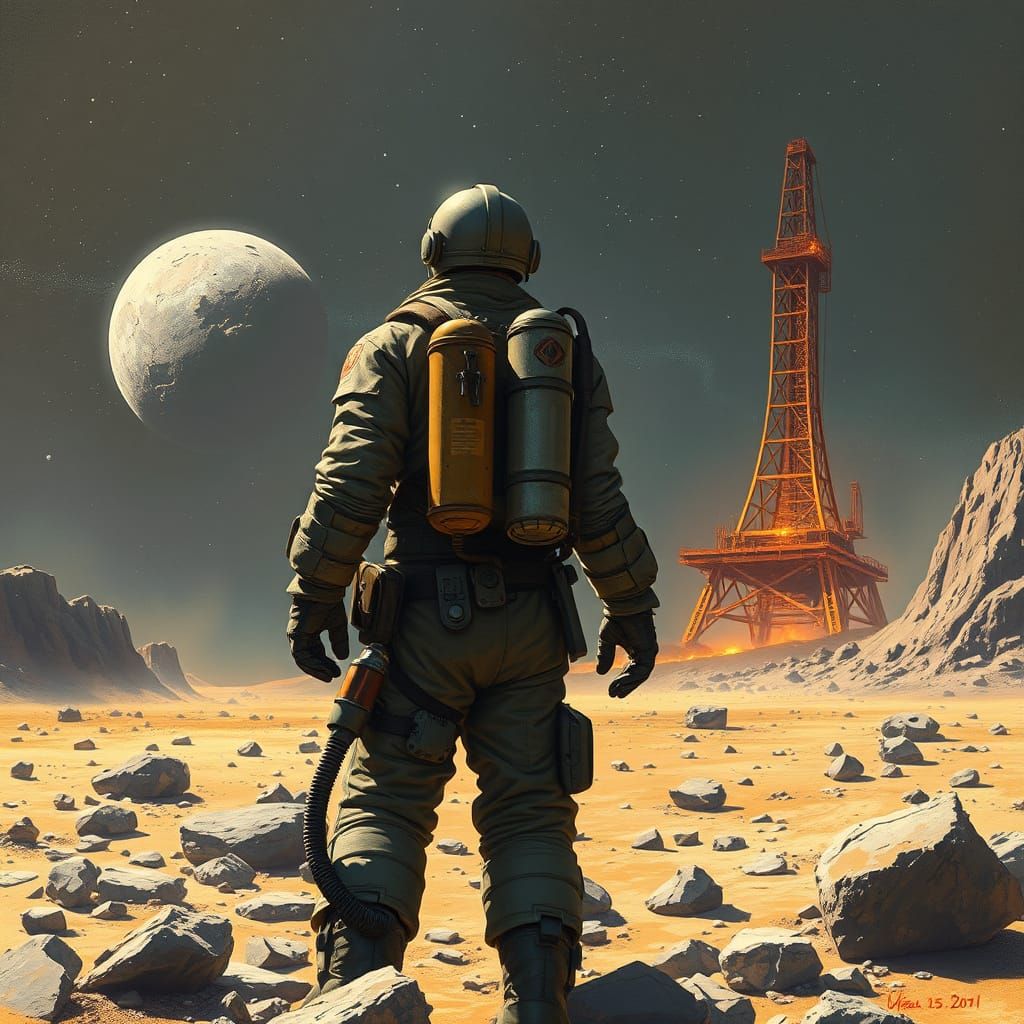 Heroic Asteroid Miner in Vibrant, Frazetta-Inspired Space Ar...