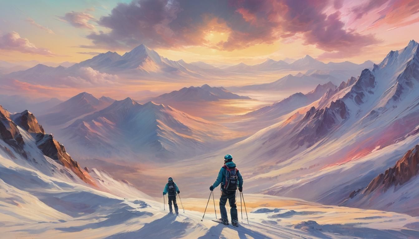 Futuristic Skier in Mountain Landscape, Impressionist Oil Pa...