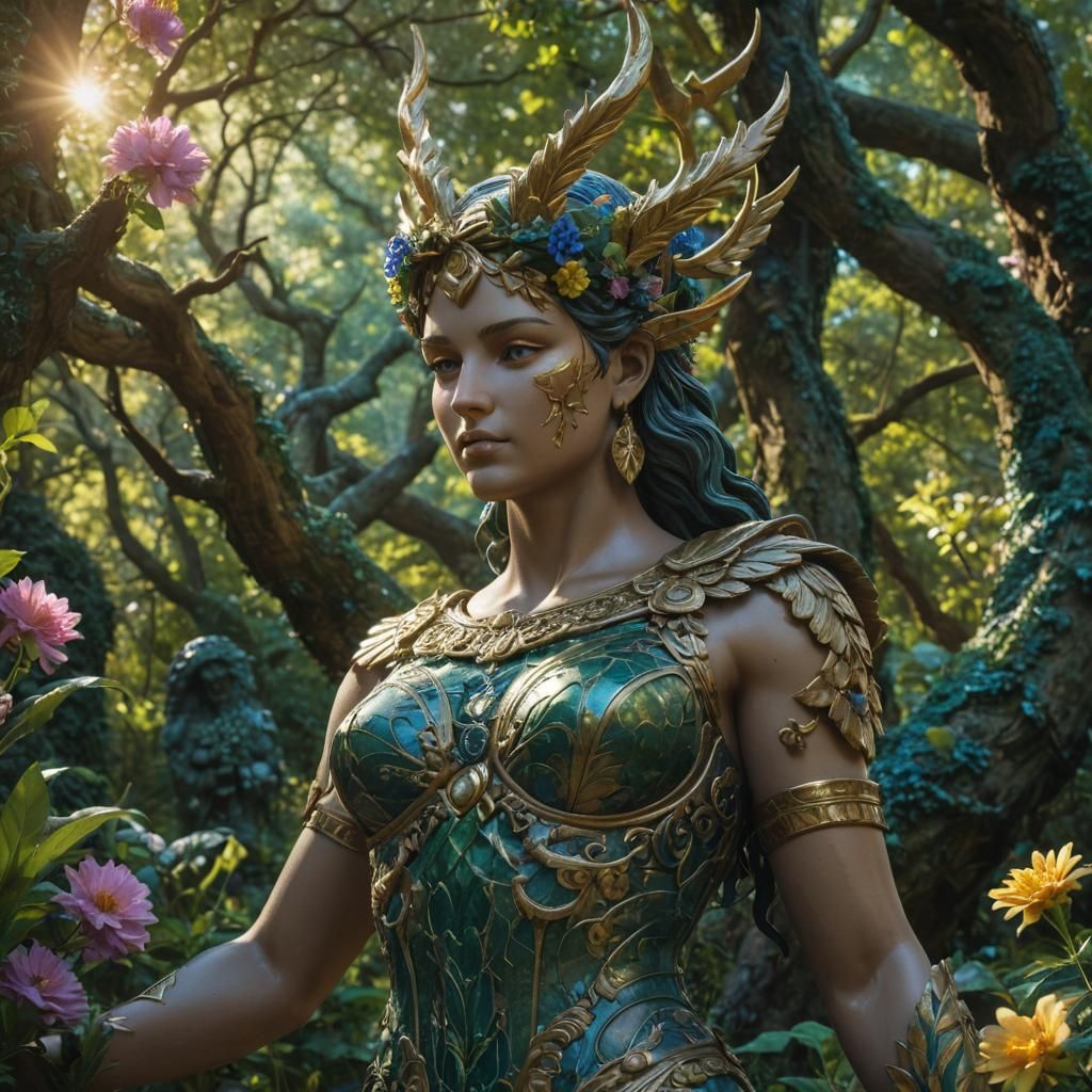 Artemis Statue in Mystical Forest, Surrealist Style
