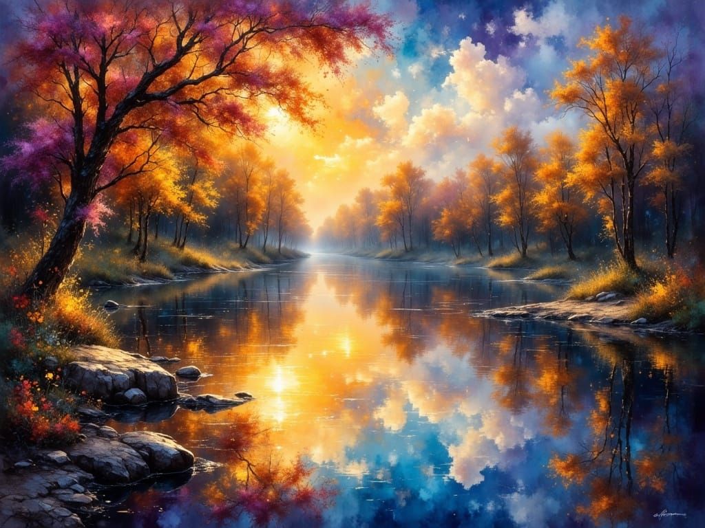 Tranquil River Dreamscape Oil Painting at Twilight