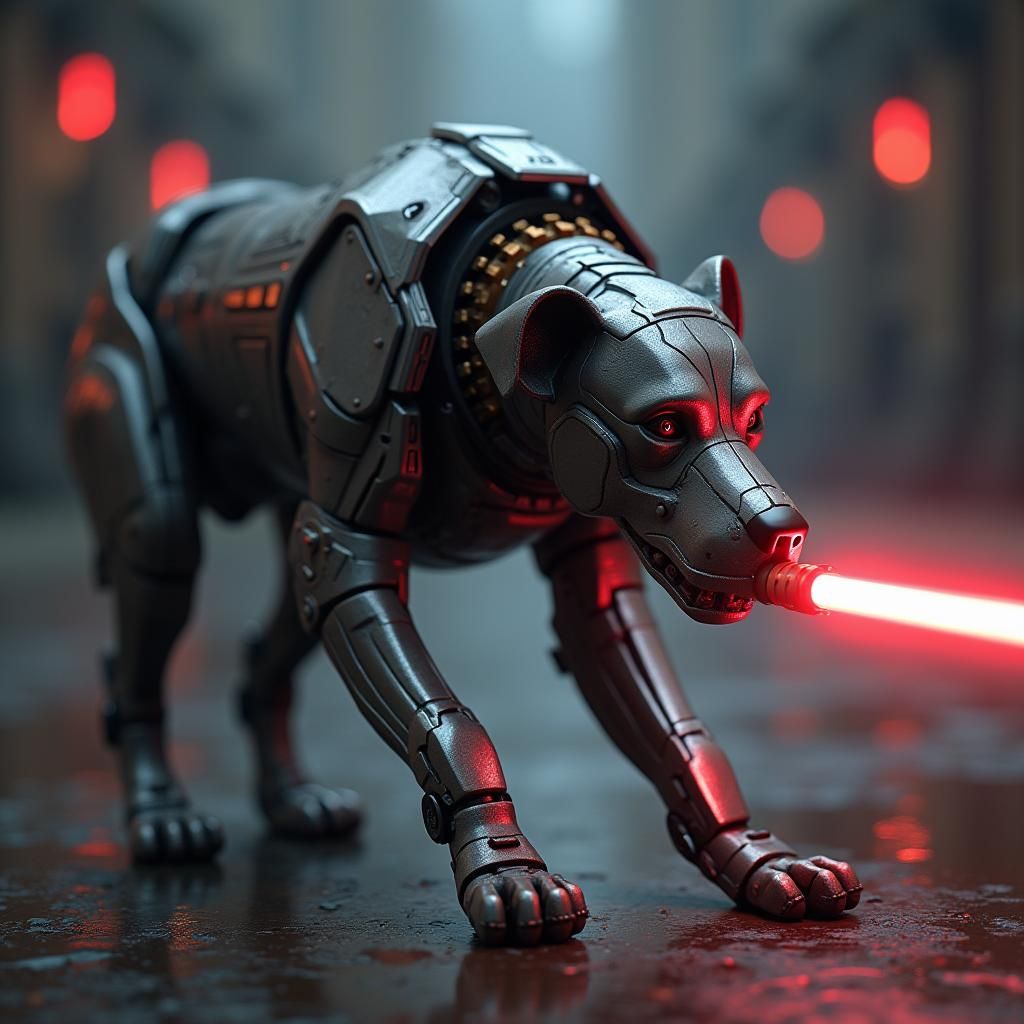 Dog with Lightsaber Mech Details in Sci-Fi Style