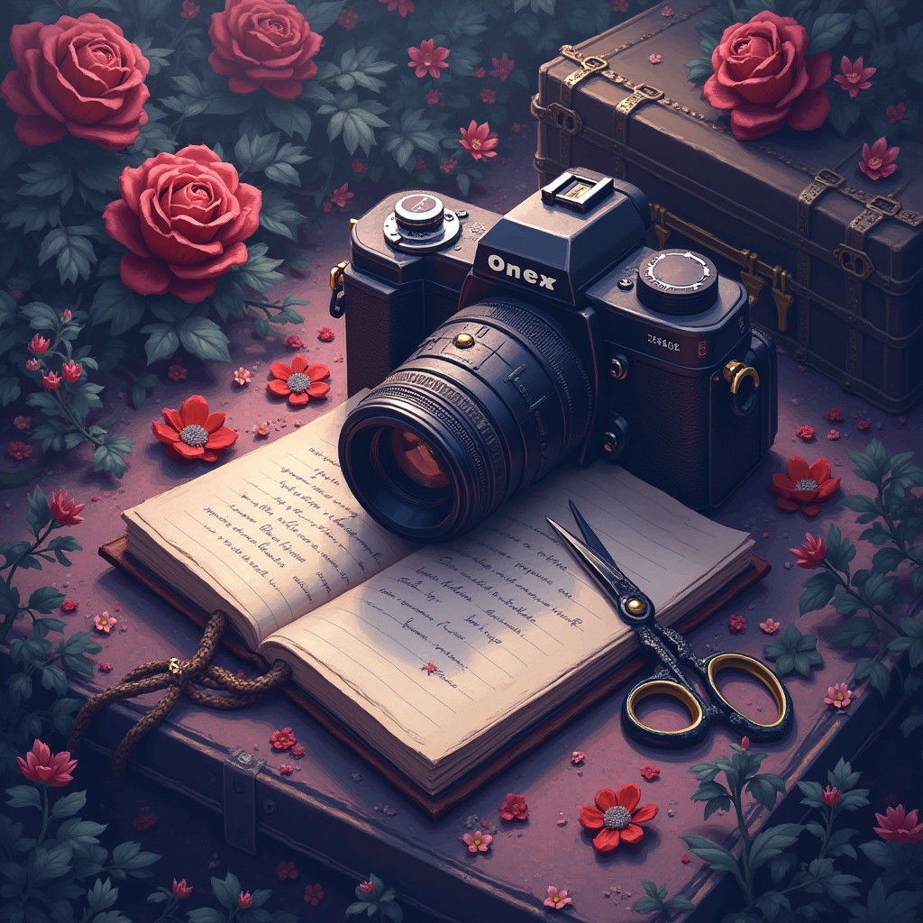 Detailed Pixel Art Camera, Scissors, and Album