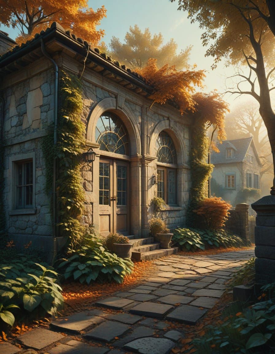 Autumnal Stone House with Golden Light
