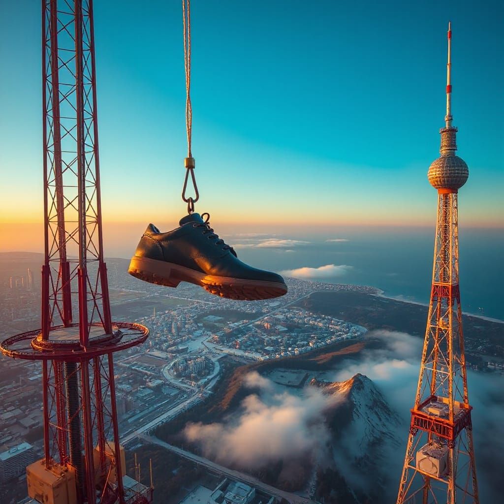 Shoe Falling from Antenna Tower with Futuristic Aesthetic