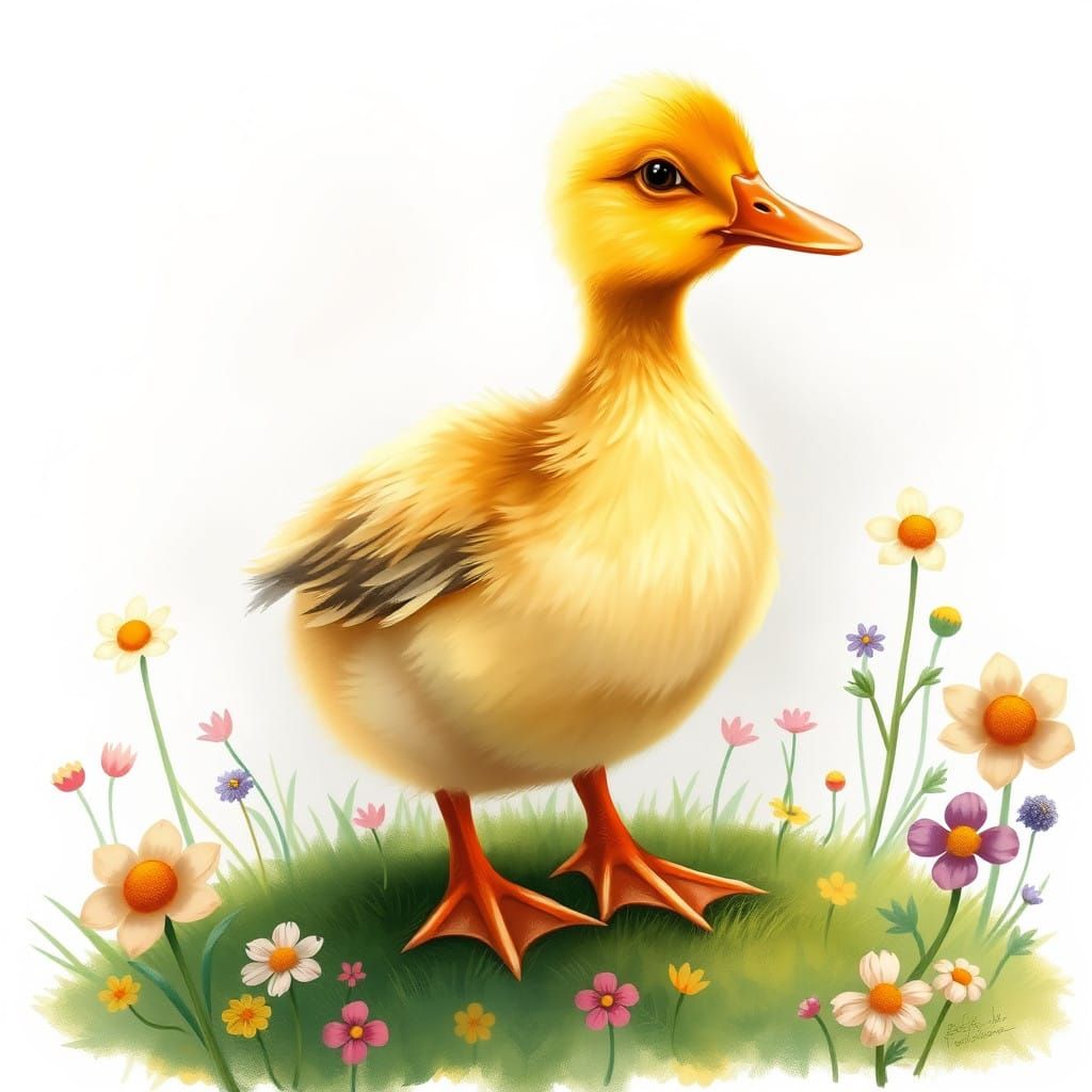 Whimsical Yellow Duck in a Colorful Garden Scene