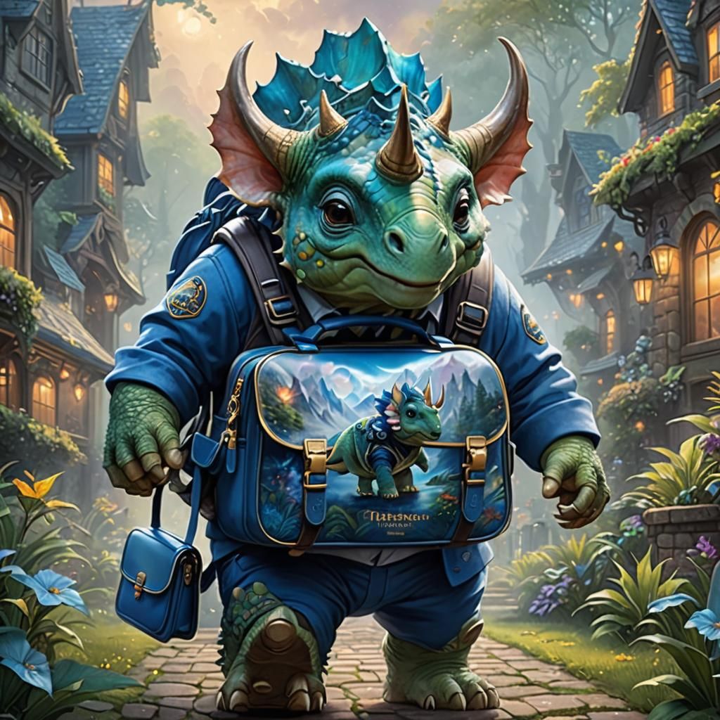 Chibi Triceratops in Blue Suit, Ethereal Fantasy Style