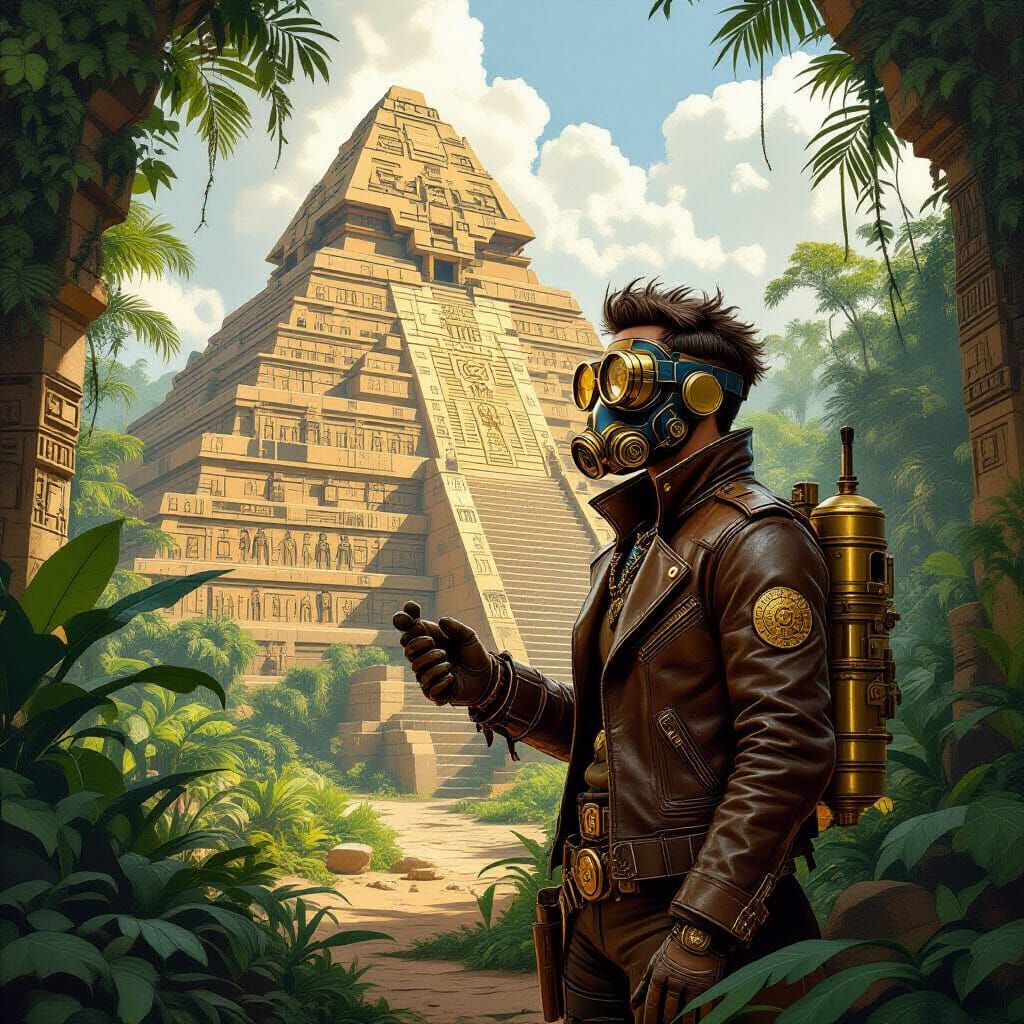 Steampunk Archaeologist at Alien Pyramid, Retrofuturism