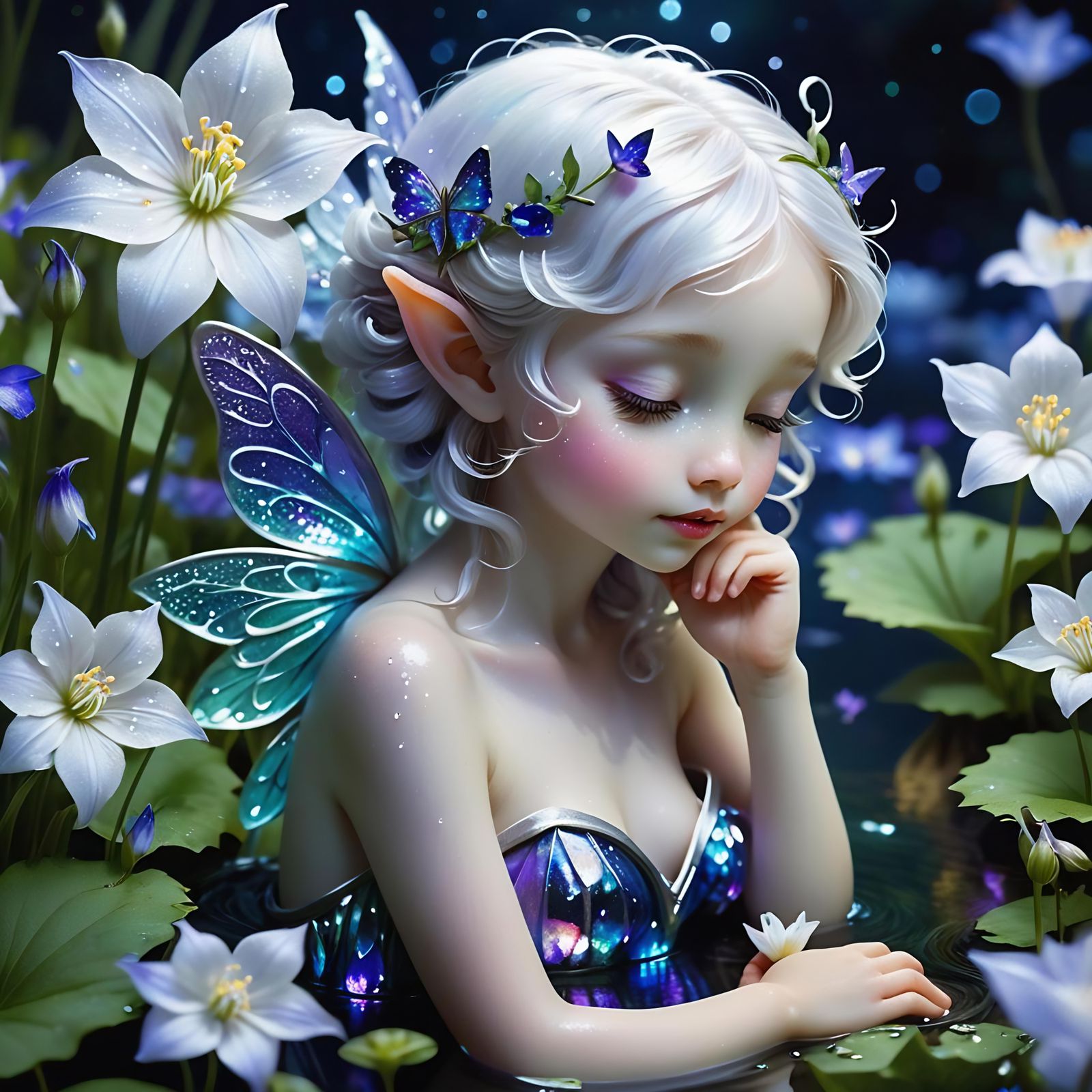 Fairy Sleeping in Bellflower at Night