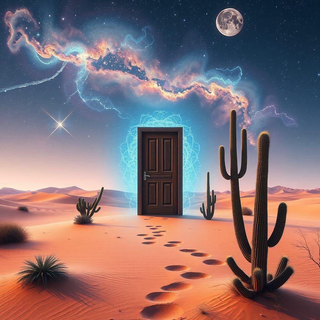 Surreal Desert Door with Holographic Elements