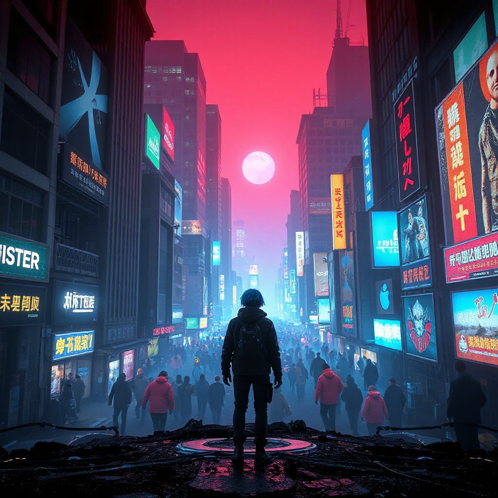 Gritty Cyberpunk Exodus in Neon Drenched Cityscape