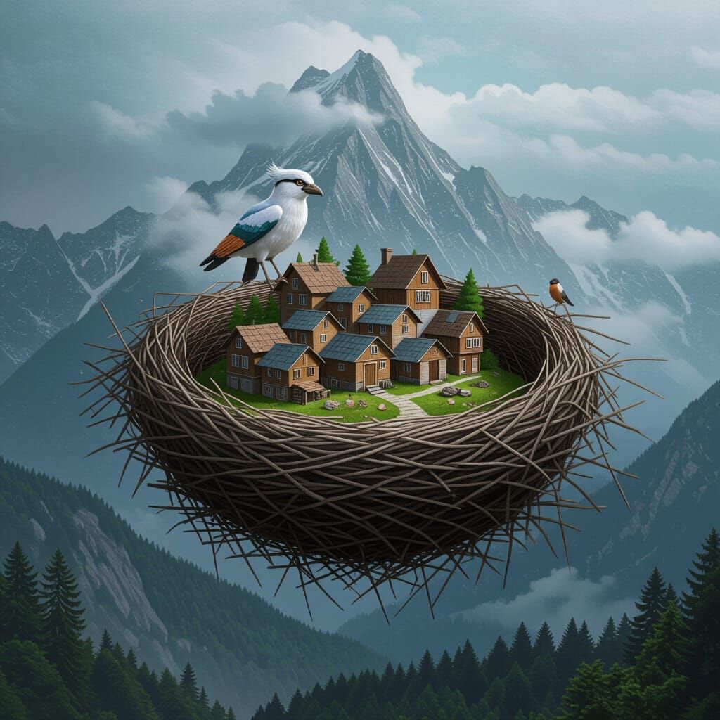 Village in Giant Sparrow's Nest on Stormy Mountain Peak