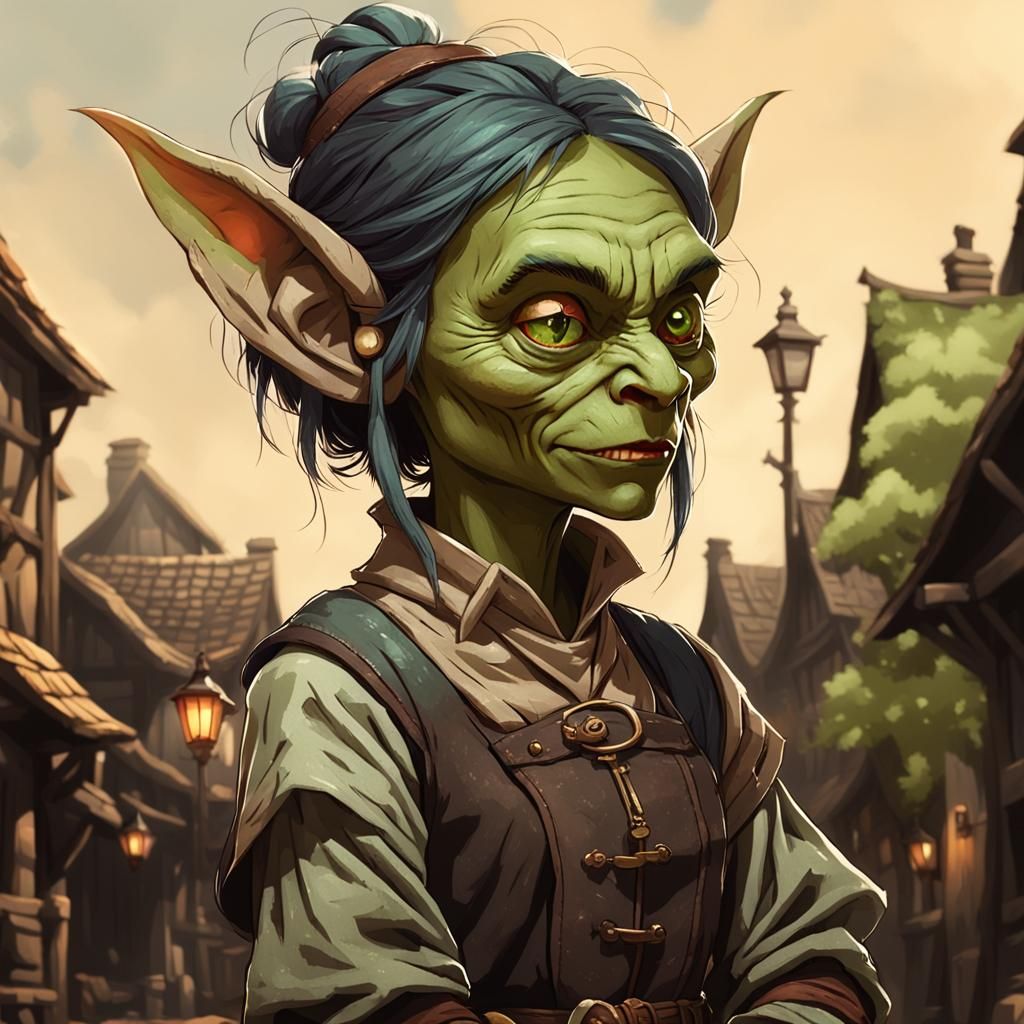 Female Goblin Commoner in Rustic City Street
