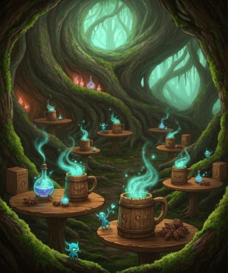 Enchanted Tree Root Café with Forest Spirits