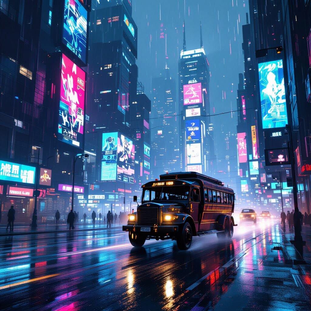 Cyberpunk Stagecoach in Neon Cityscape