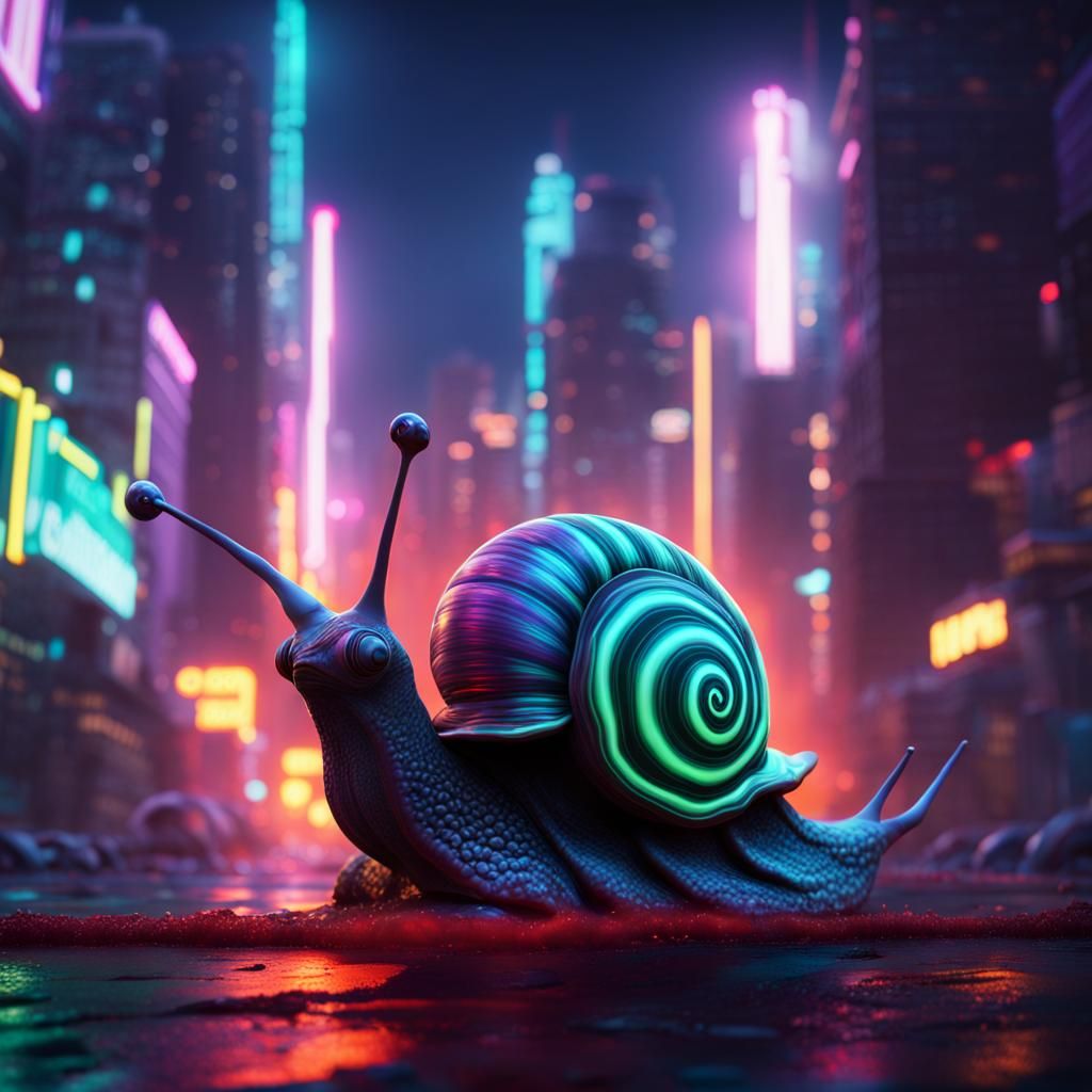 Robot Snail Crawls Through Neon City at Night
