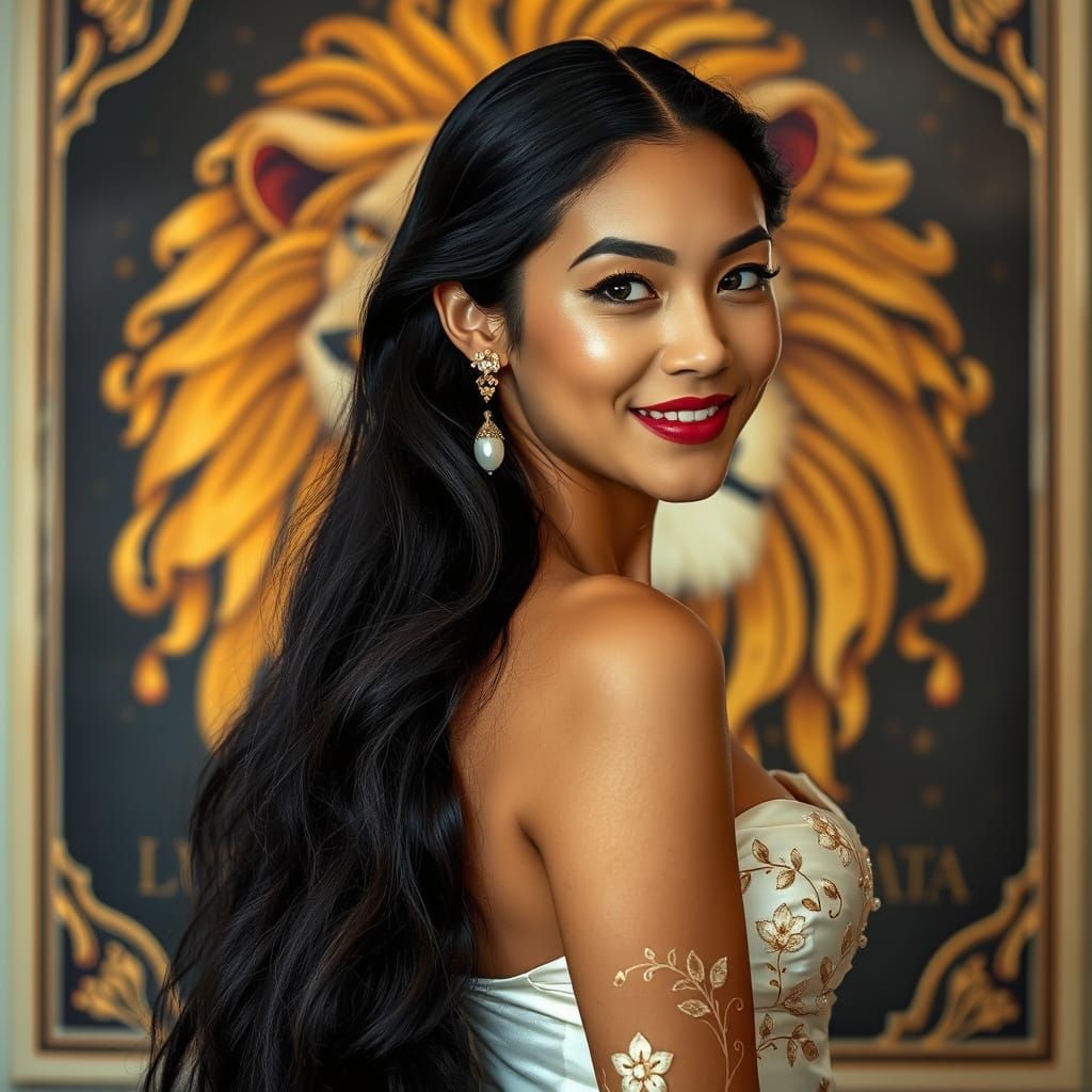 Elegant Young Woman in Strapless Gown with Feather and Flora...
