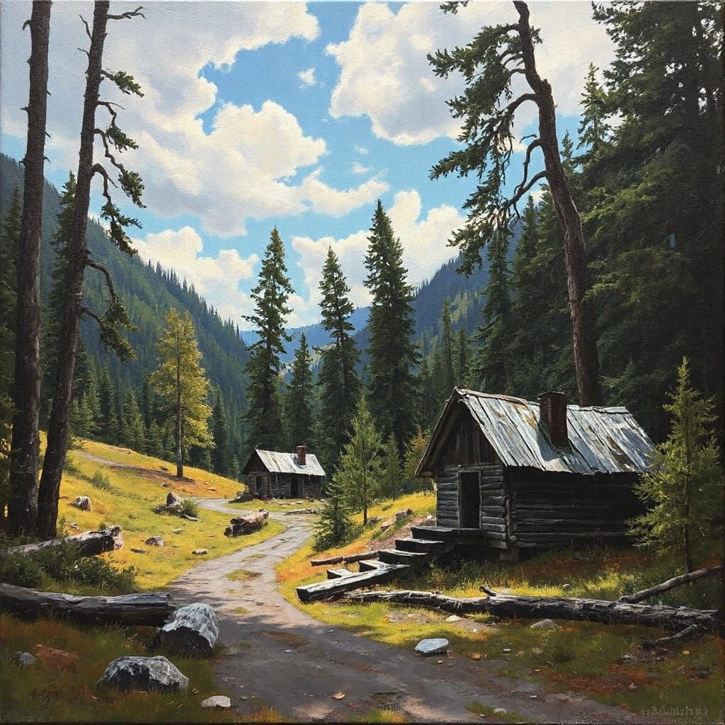 Ruined Mining Camp in Forest Valley Oil Painting