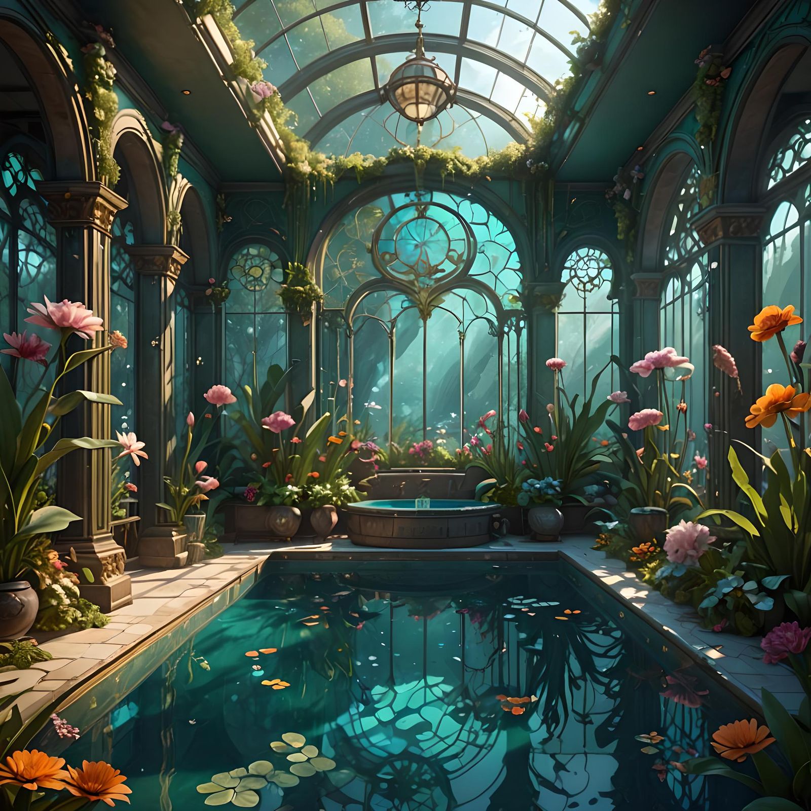 Art Nouveau Indoor Pool with Bioluminescent Plants