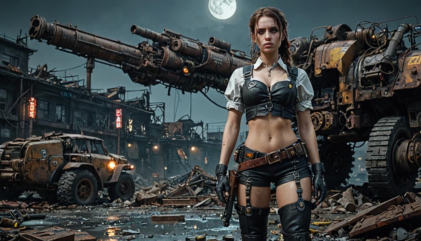 Steampunk Harvester in Wasteland with Girl and Luger