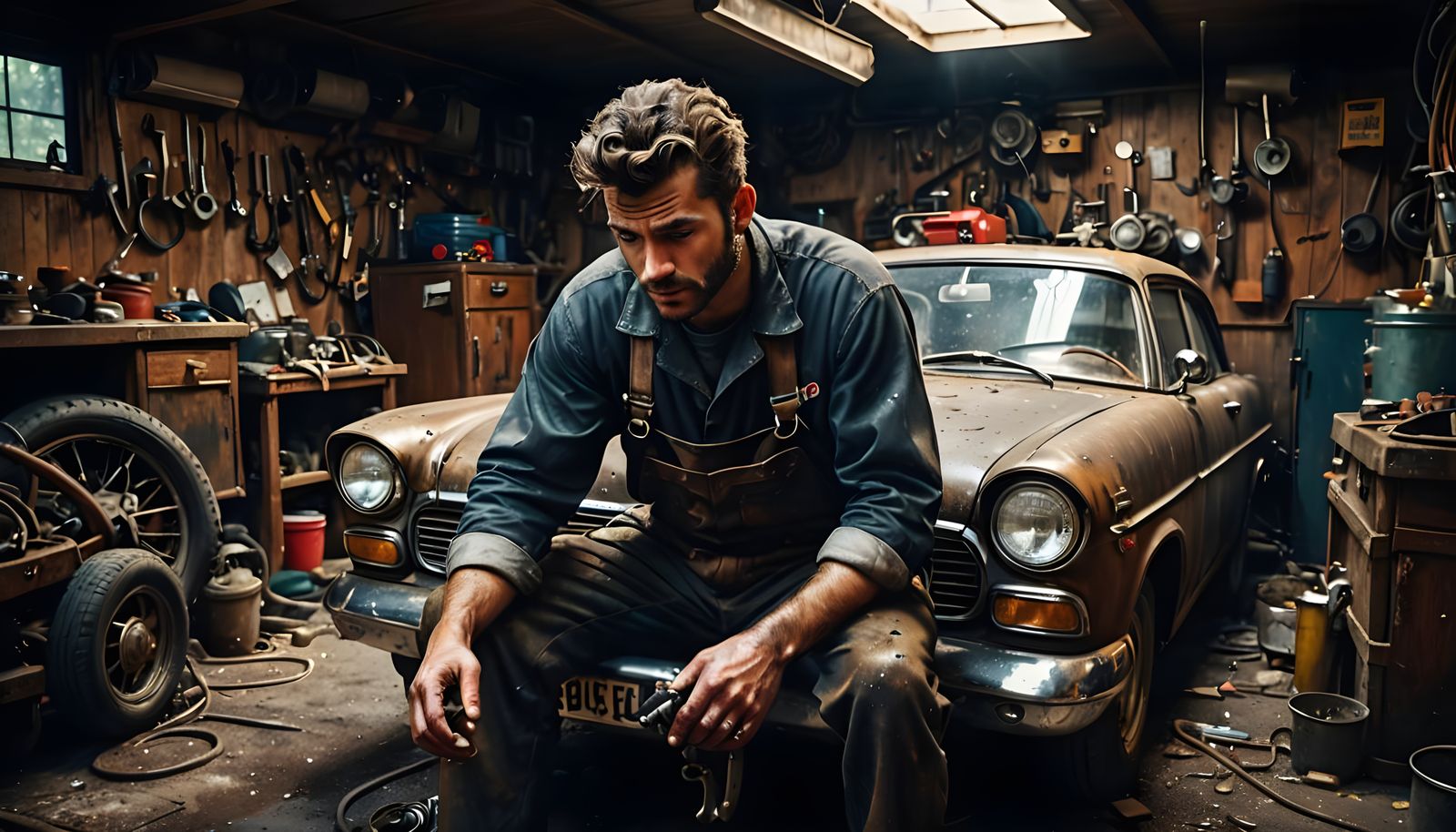 A Mechanic in a Vintage Garage, Shot in Hyper-Realistic Styl...