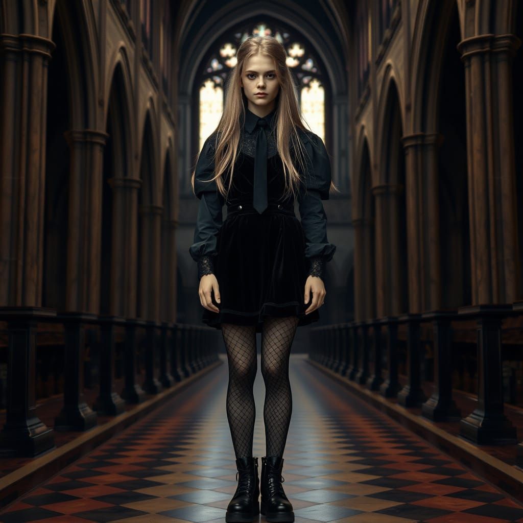 Gothic Schoolboy in Cathedral, Photorealistic Film Still