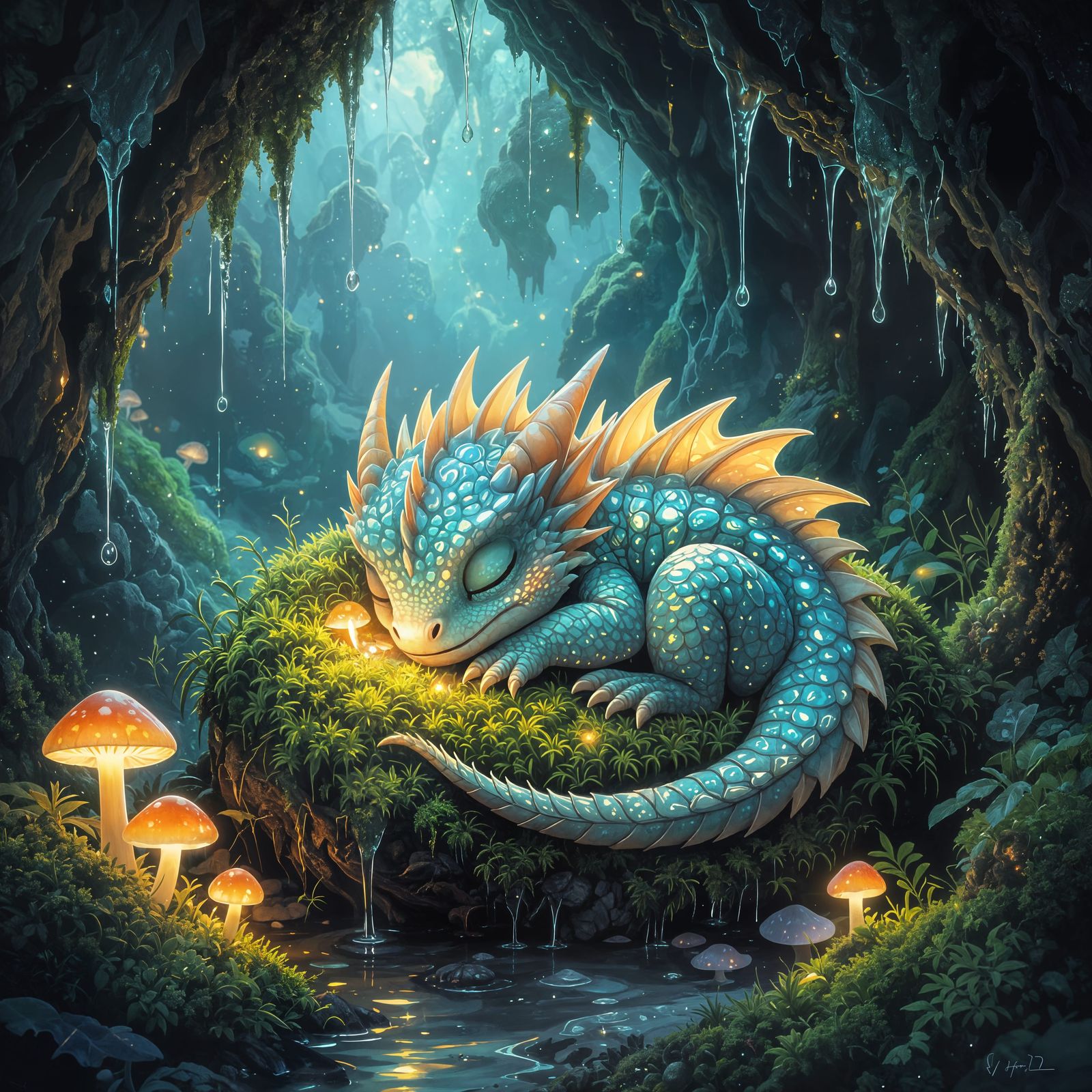 Bioluminescent Dragon Hatchling Asleep in Grotto